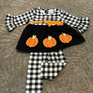 Rare Editions, 6-9 M, ready for fall-darling pumpkin outfit w checkered pants